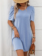 Textured Round Neck Short Sleeve Mini Dress (8)
