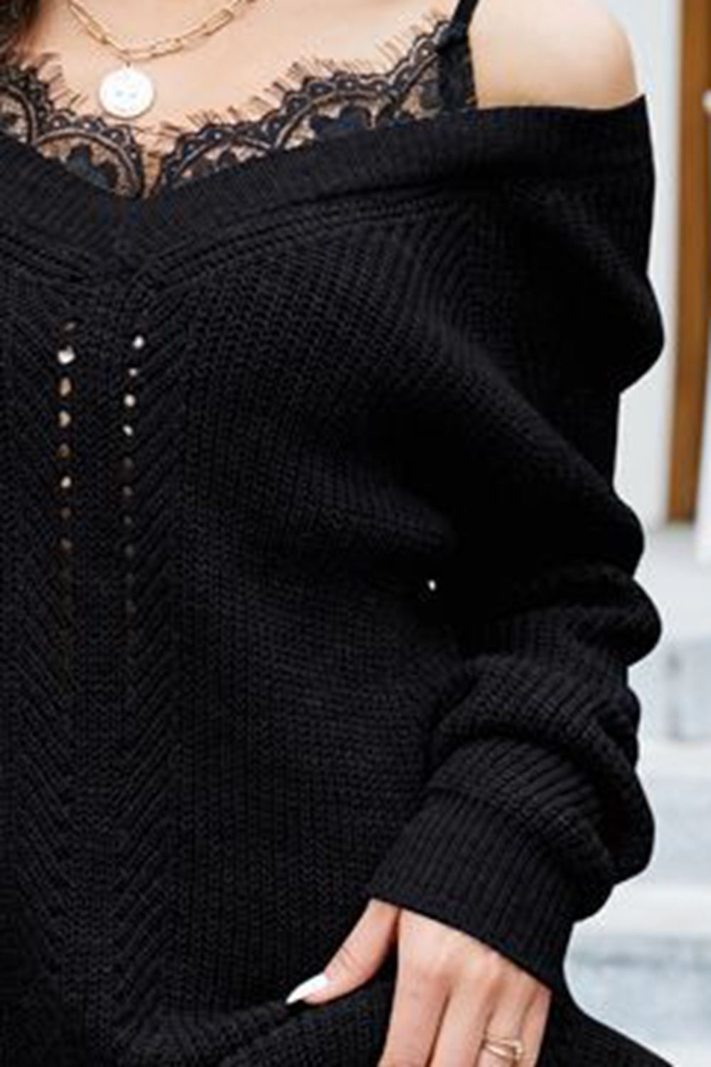 Openwork V-neck Long Sleeve Sweater (9)