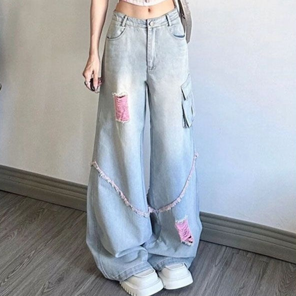 Ripped Cargo Jeans High Waist Baggy Straight Trousers variant CJNZ205194301AZ|CJNZ205194302BY|CJNZ205194303CX|CJNZ205194304DW