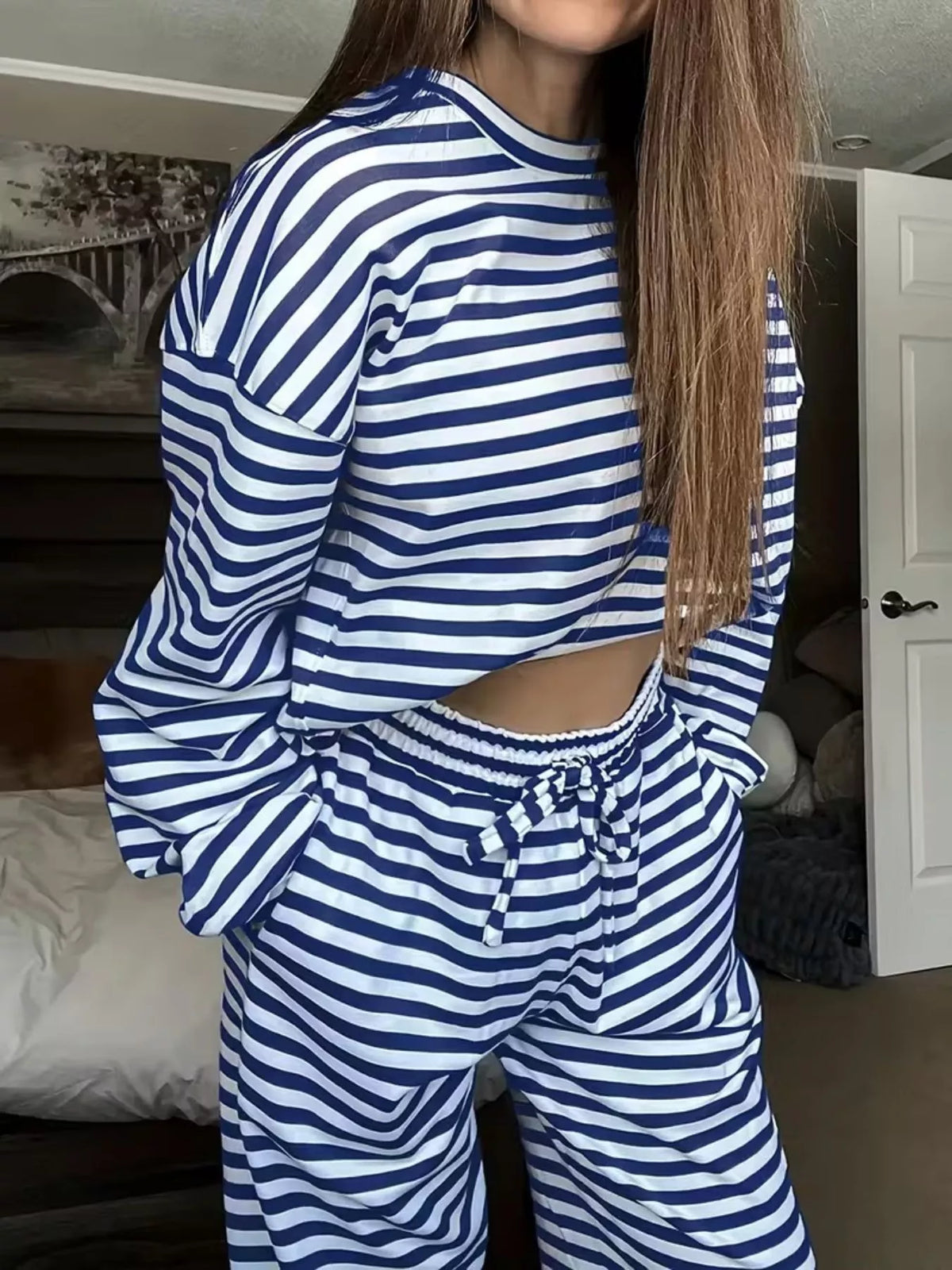 Striped Round Neck Top Pants Set (5)