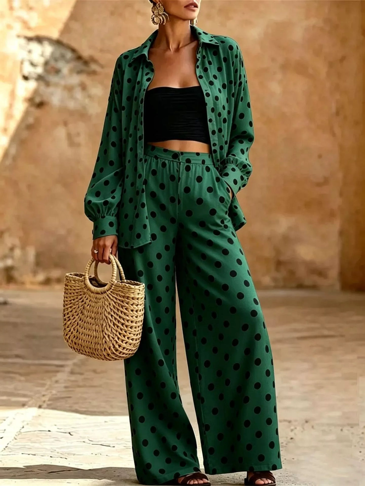 Full Size Polka Dot Shirt Wide-leg Pants Set Plus (7)