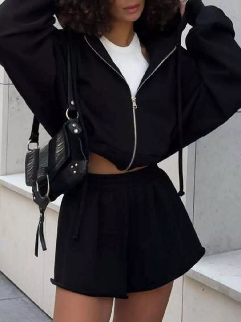 Zip Up Long Sleeve Outerwear Shorts Set (13)