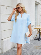 Notched Long Sleeve Mini Shirt Dress (5)
