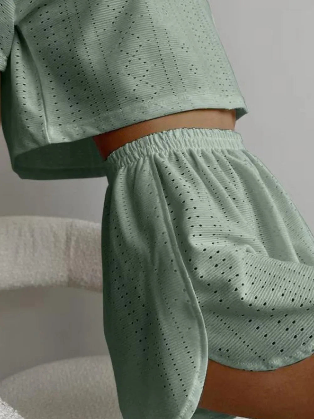 Eyelet Round Neck Top Shorts Set (13)