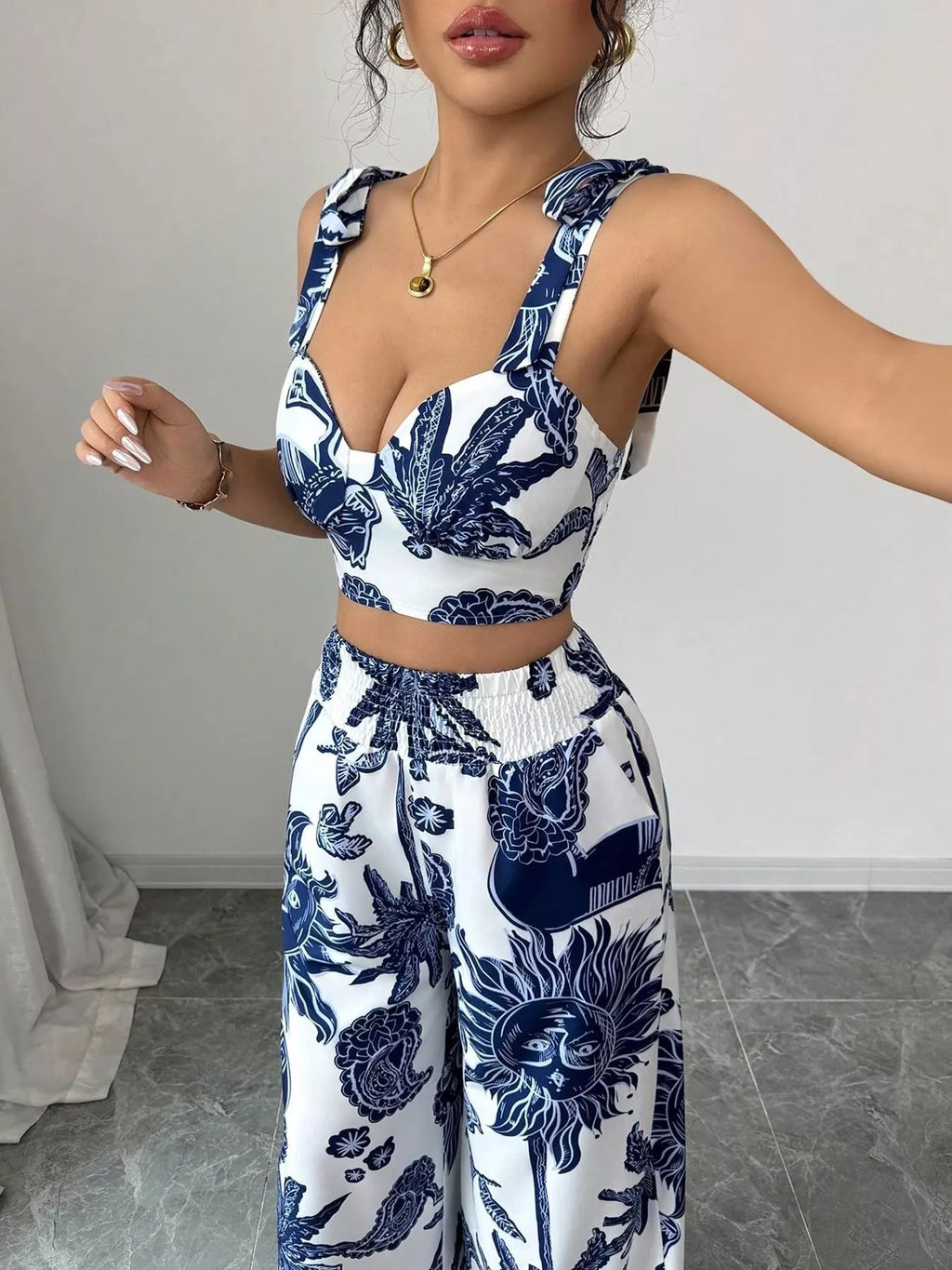 Floral Print Crop Top Wide Leg Pants Set (5)