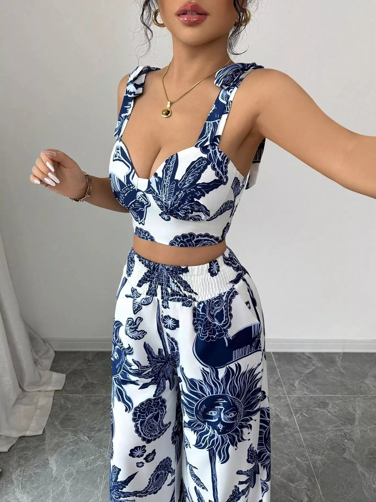 Floral Print Crop Top Wide Leg Pants Set (5)