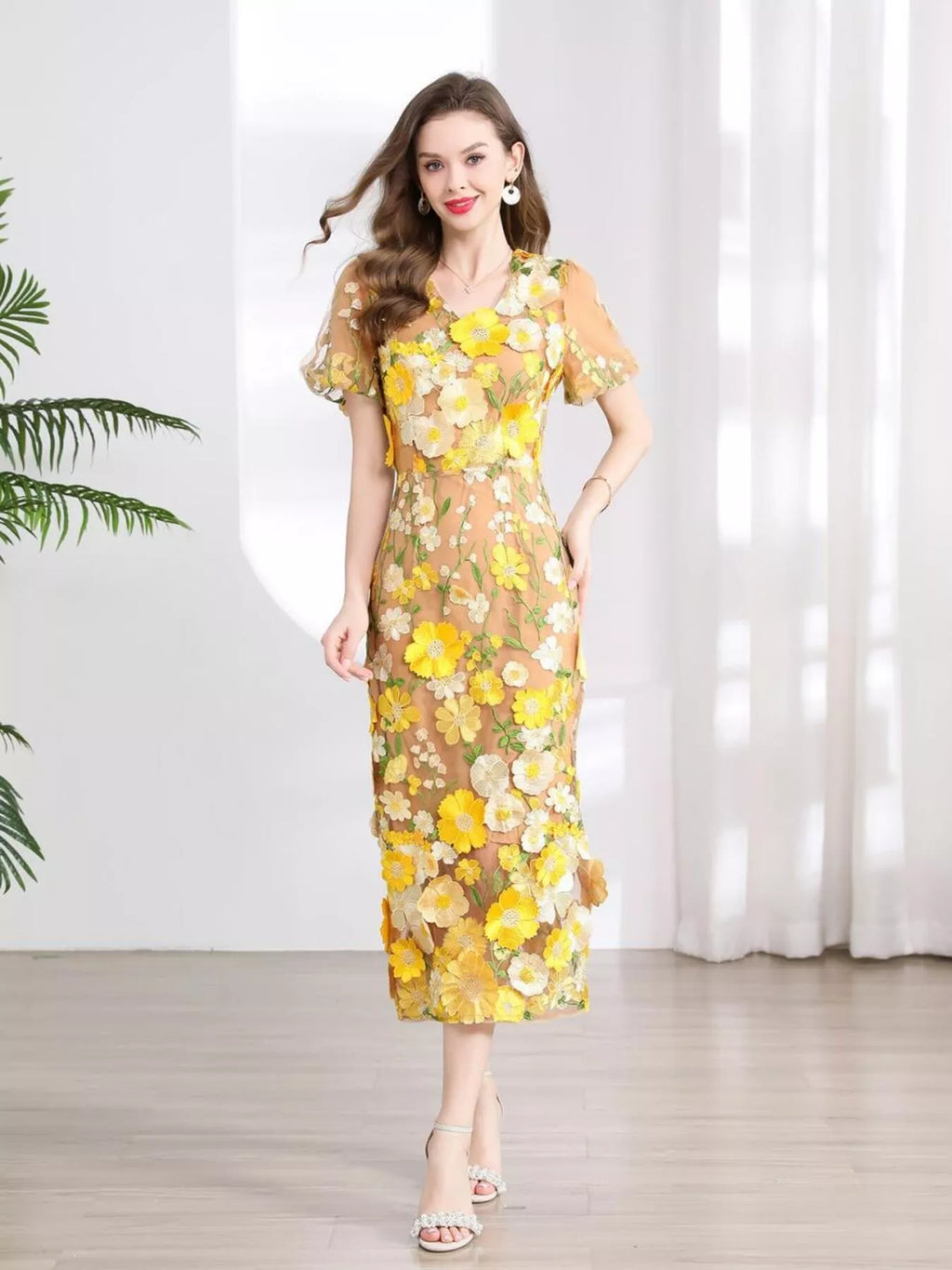 Floral Embroidered Puff Sleeve Midi Dress (10)