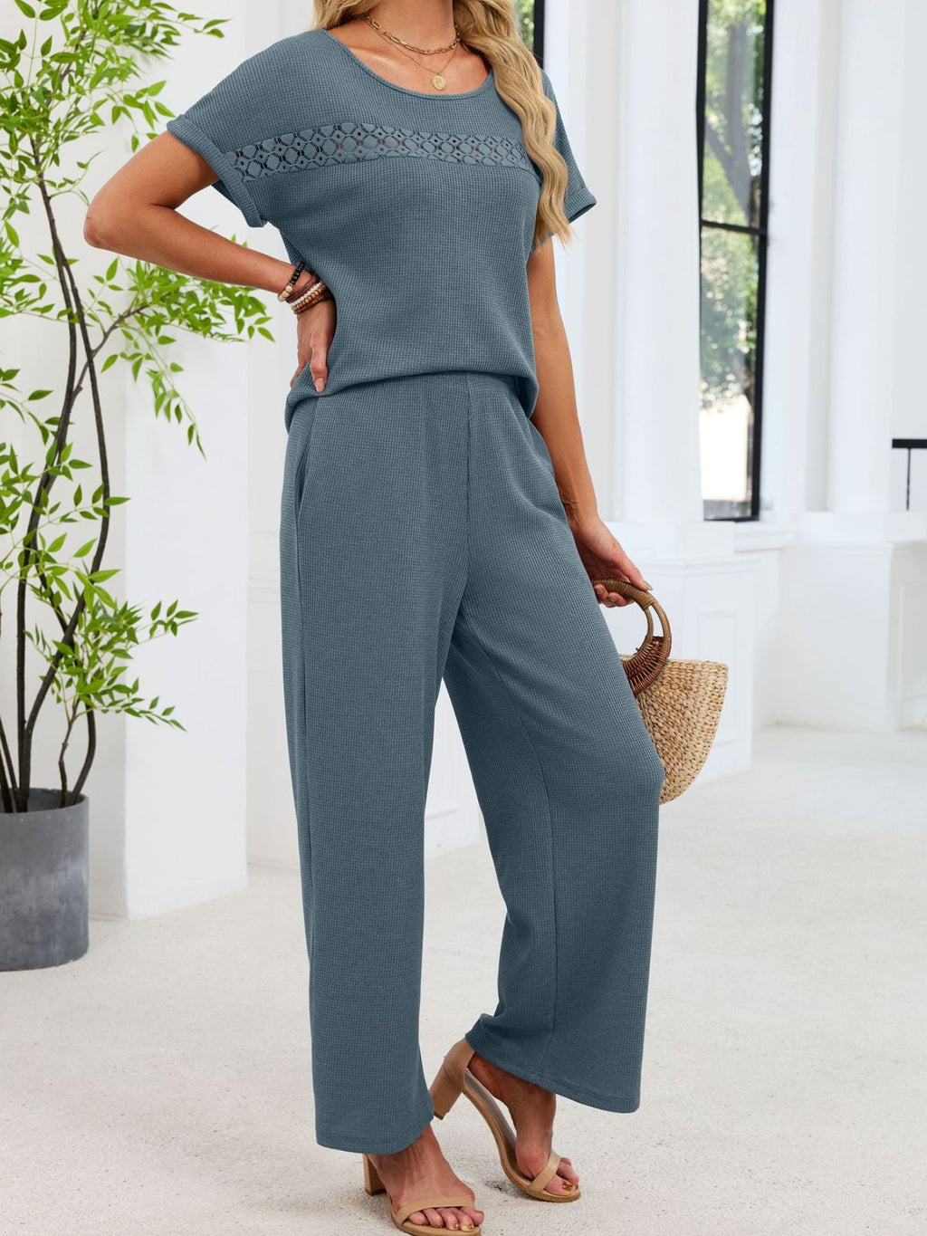 Lace Detail Short Sleeve Top Pants Set (17)
