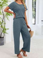 Lace Detail Short Sleeve Top Pants Set (17)