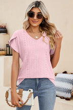 Eyelet V-neck Petal Sleeve T-shirt