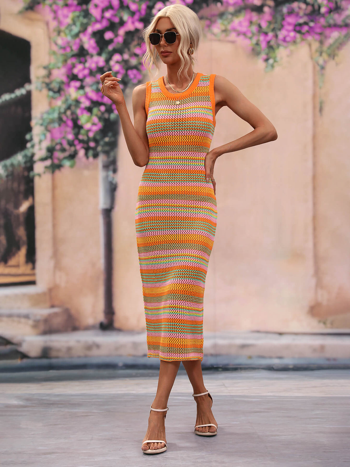 Striped Round Neck Sleeveless Midi Cover Up Dress (13)