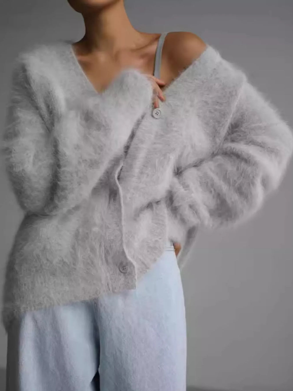 Fuzzy V-neck Button-down Cardigan (3)
