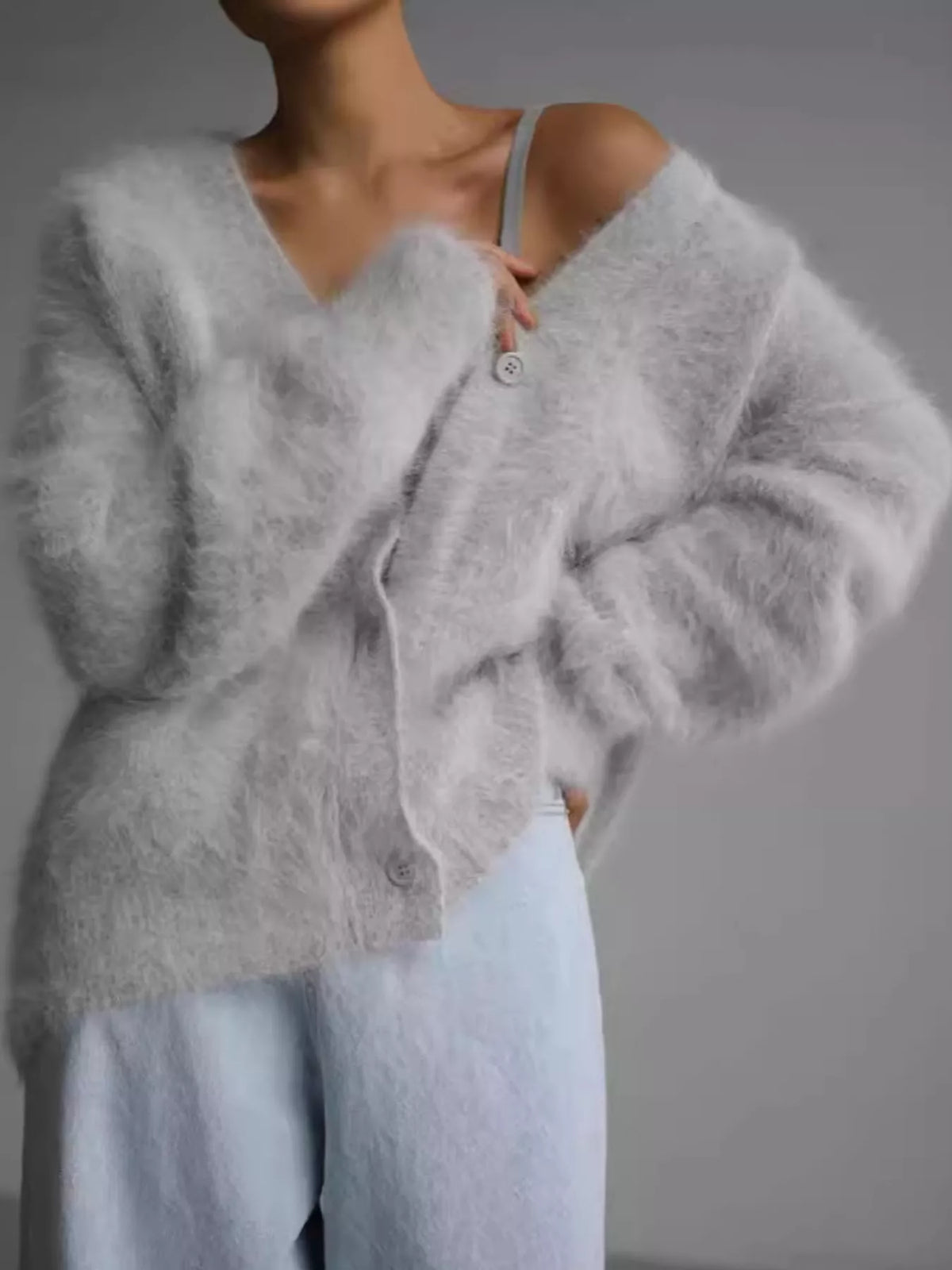 Fuzzy V-neck Button-down Cardigan (3)