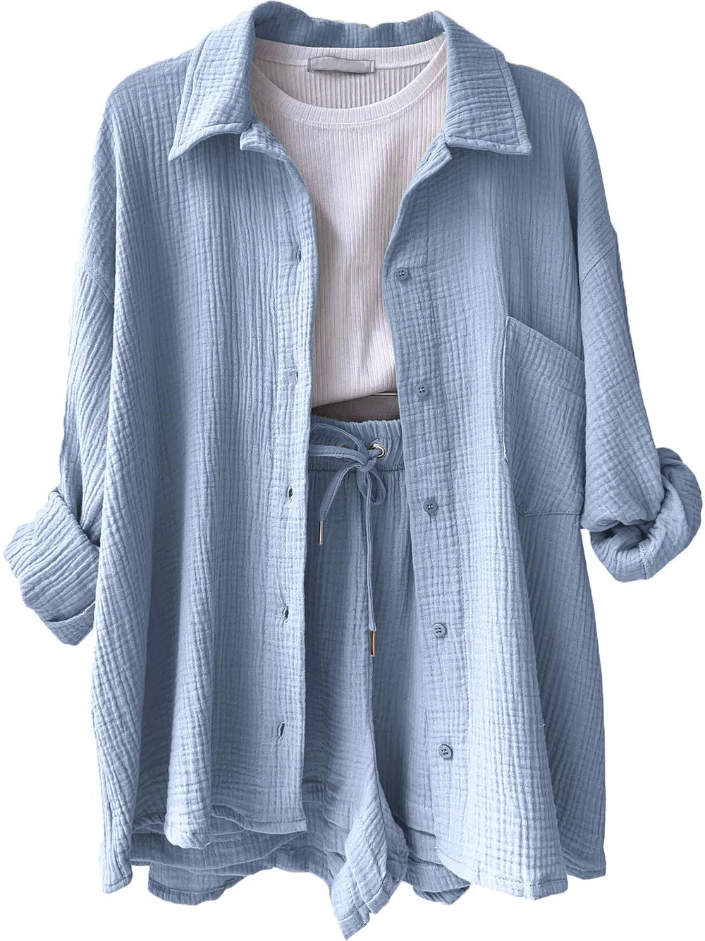Texture Button Up Shirt Drawstring Shorts Set (16)