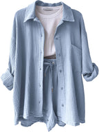 Texture Button Up Shirt Drawstring Shorts Set (16)