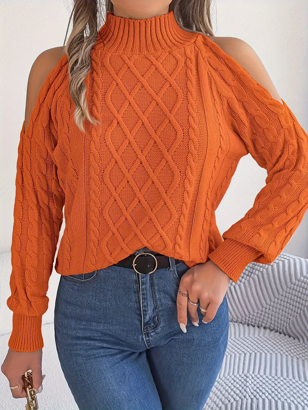 Cable Knit Cold Shoulder Turtleneck Sweater (4)
