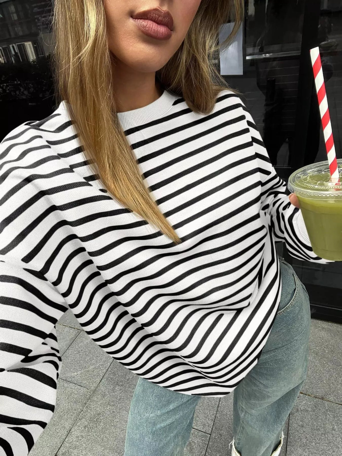 Striped Round Neck Oversized Casual Sweatshirt (3)