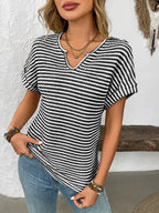 Striped Notched Short Sleeve T-shirt (24)