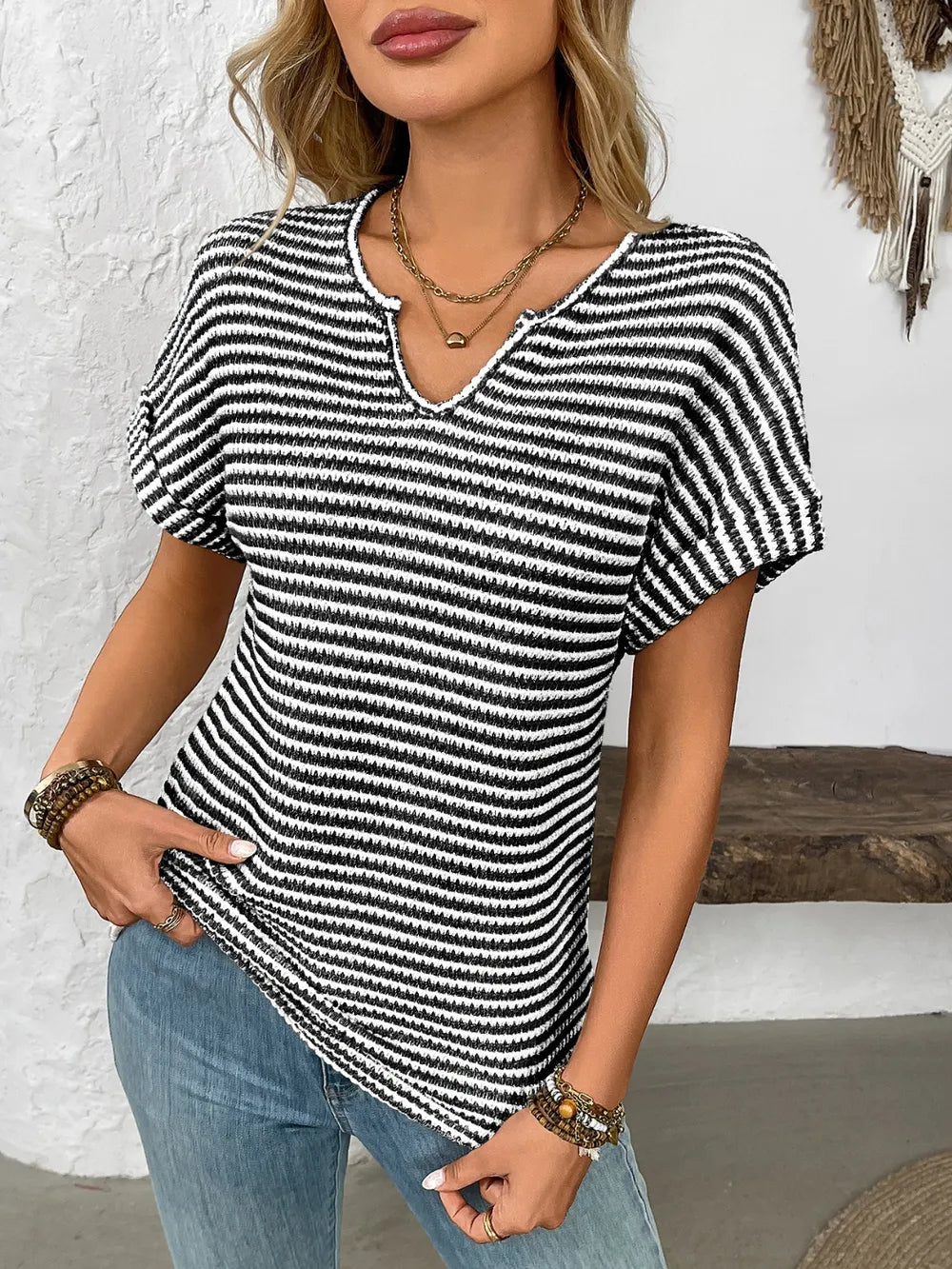 Striped Notched Short Sleeve T-shirt (24)