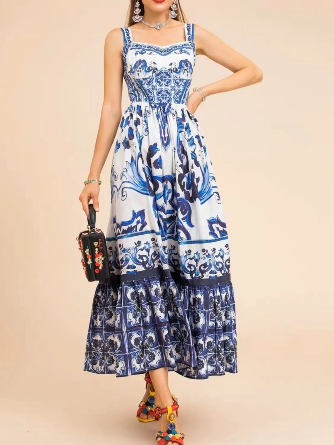 Smocked Printed Wide Strap Dress (4)