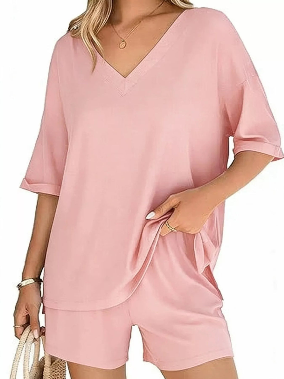 Solid Color V-neck Shorts Set (15)
