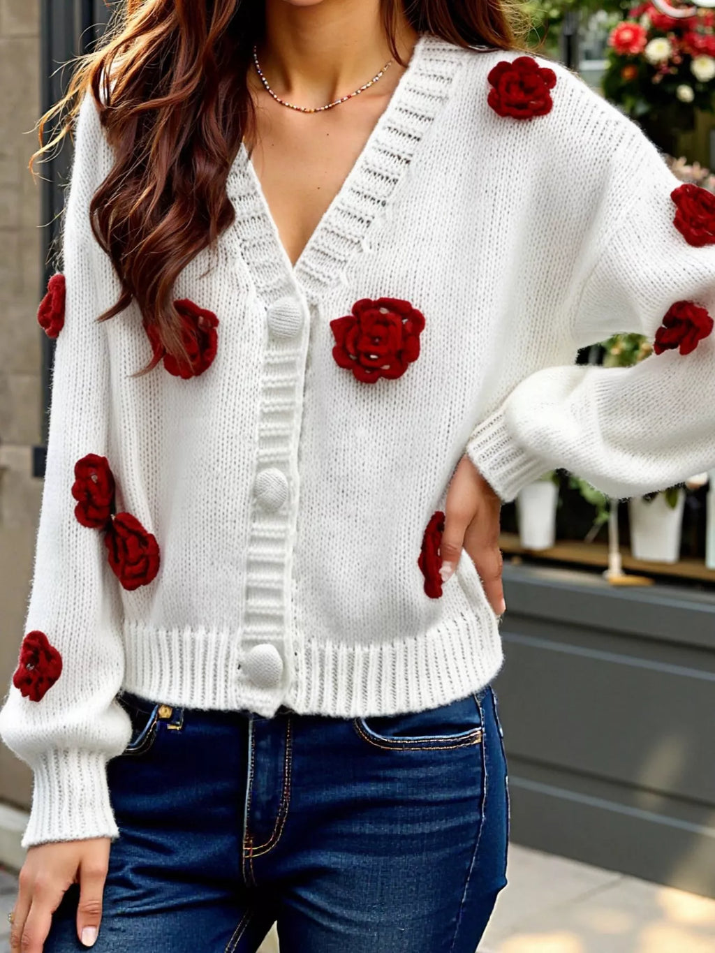 Rose Embellished V-neck Cardigan (5)