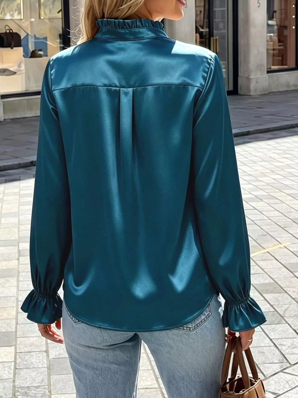 Elegant Button Down Ruffle Trim Satin Shirt (14)