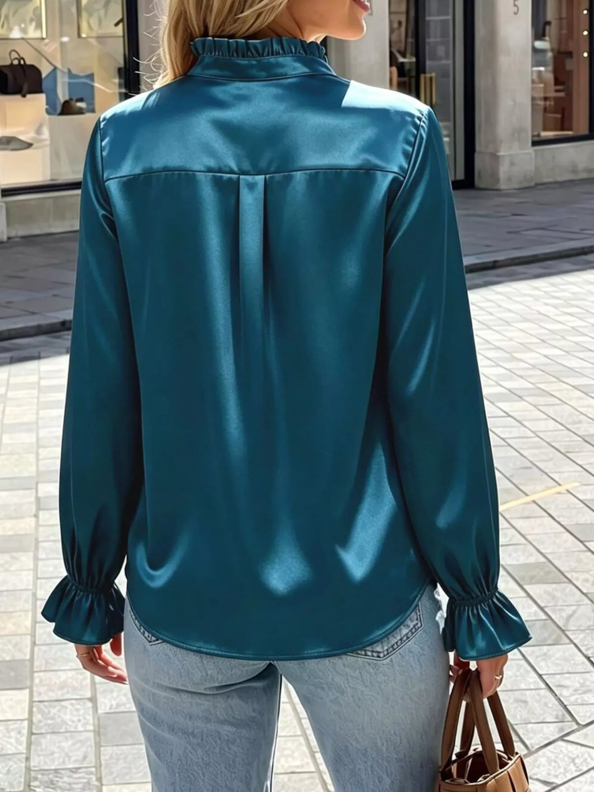 Elegant Button Down Ruffle Trim Satin Shirt (14)
