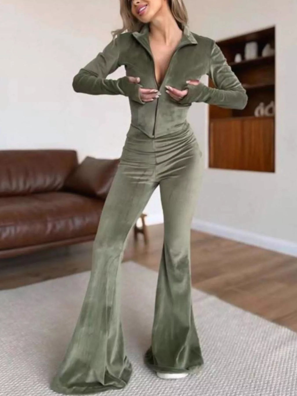Zip-up Crop Top Flared Pants Two-piece Set (2)