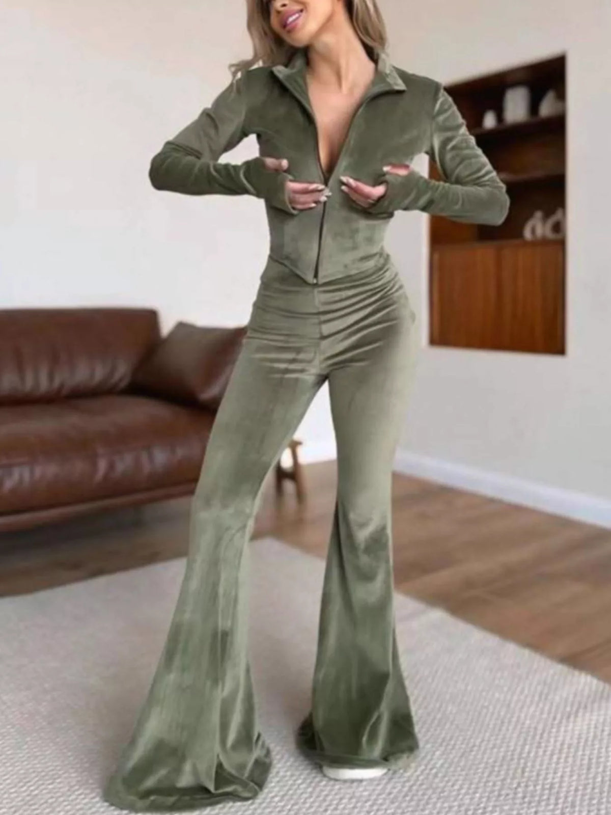 Zip-up Crop Top Flared Pants Two-piece Set (2)