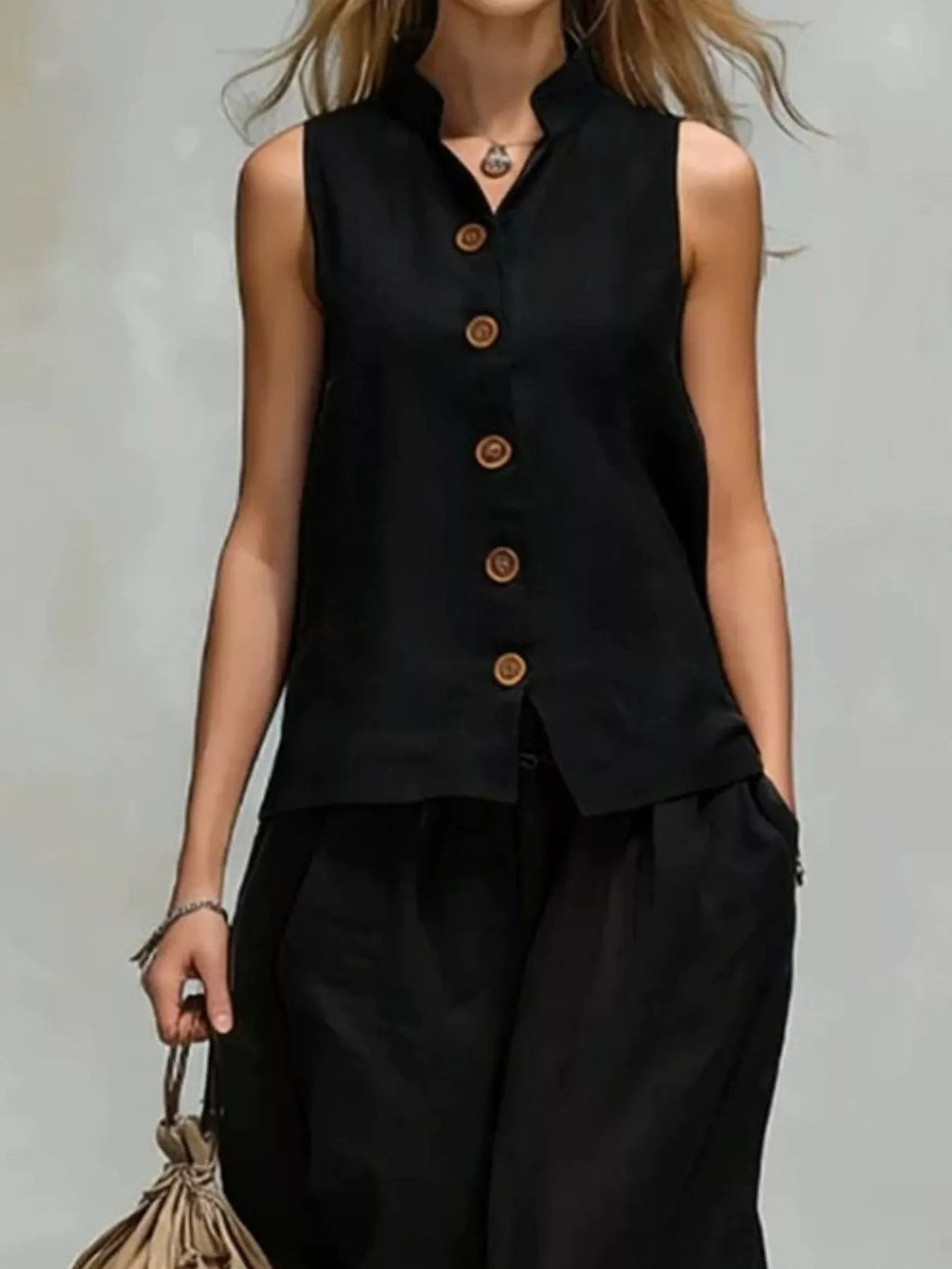 Sleeveless Button-down Top Wide-leg Pant Set (8)