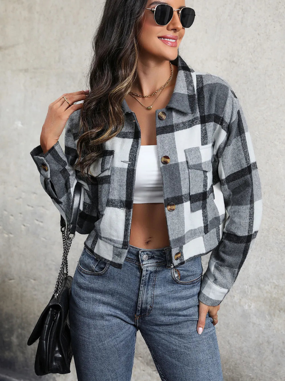 Plaid Button Up Drop Shoulder Cropped Jacket (15)