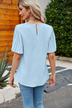 Pleated Flutter Sleeve Round Neck Blouse (15)