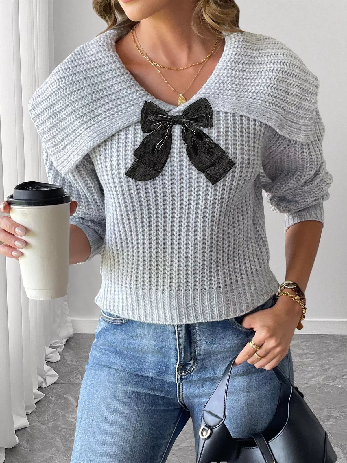 Contrast Bow Long Sleeve Sweater (11)
