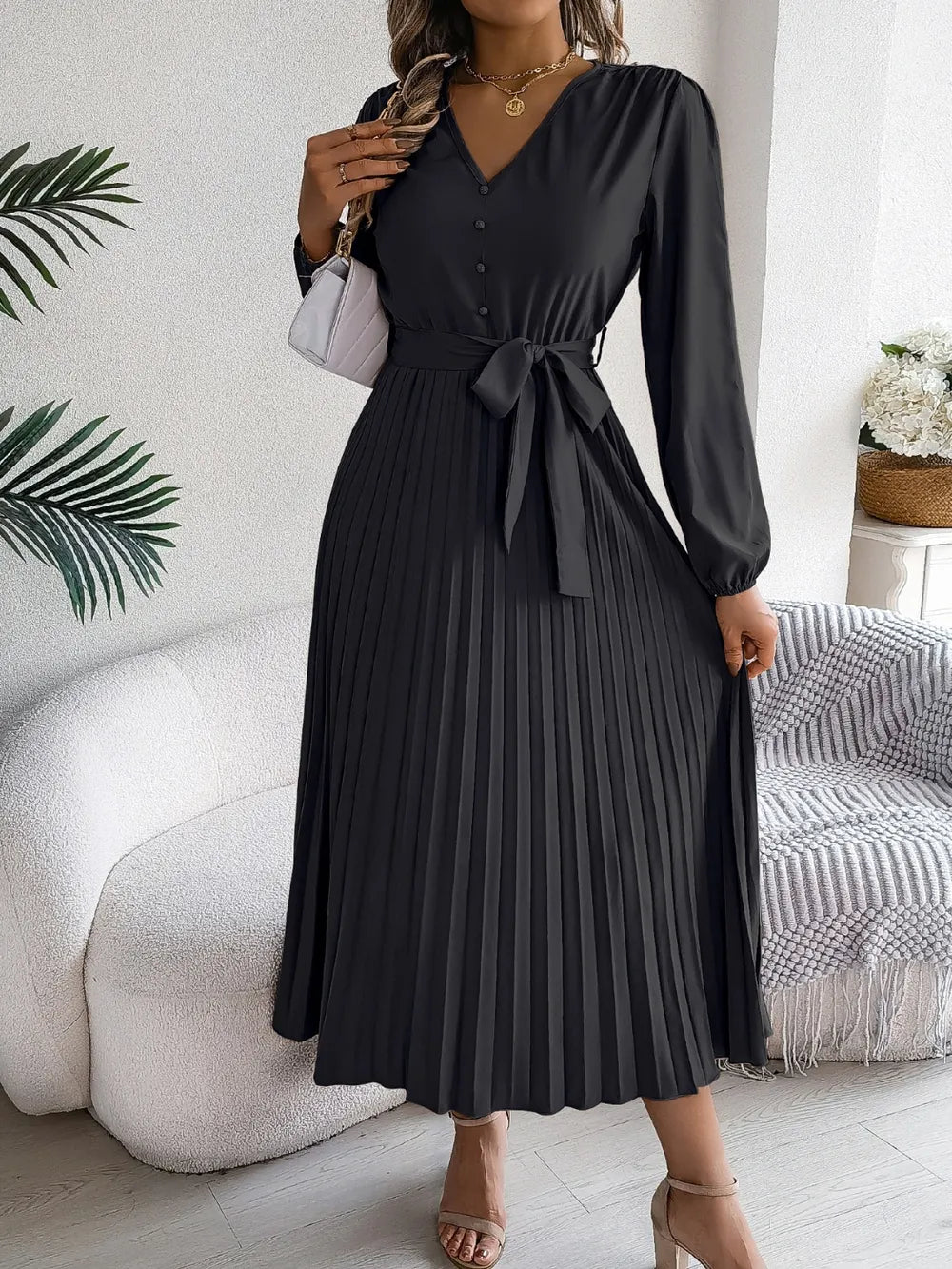 Pleated Tied V-neck Long Sleeve Dress (29)