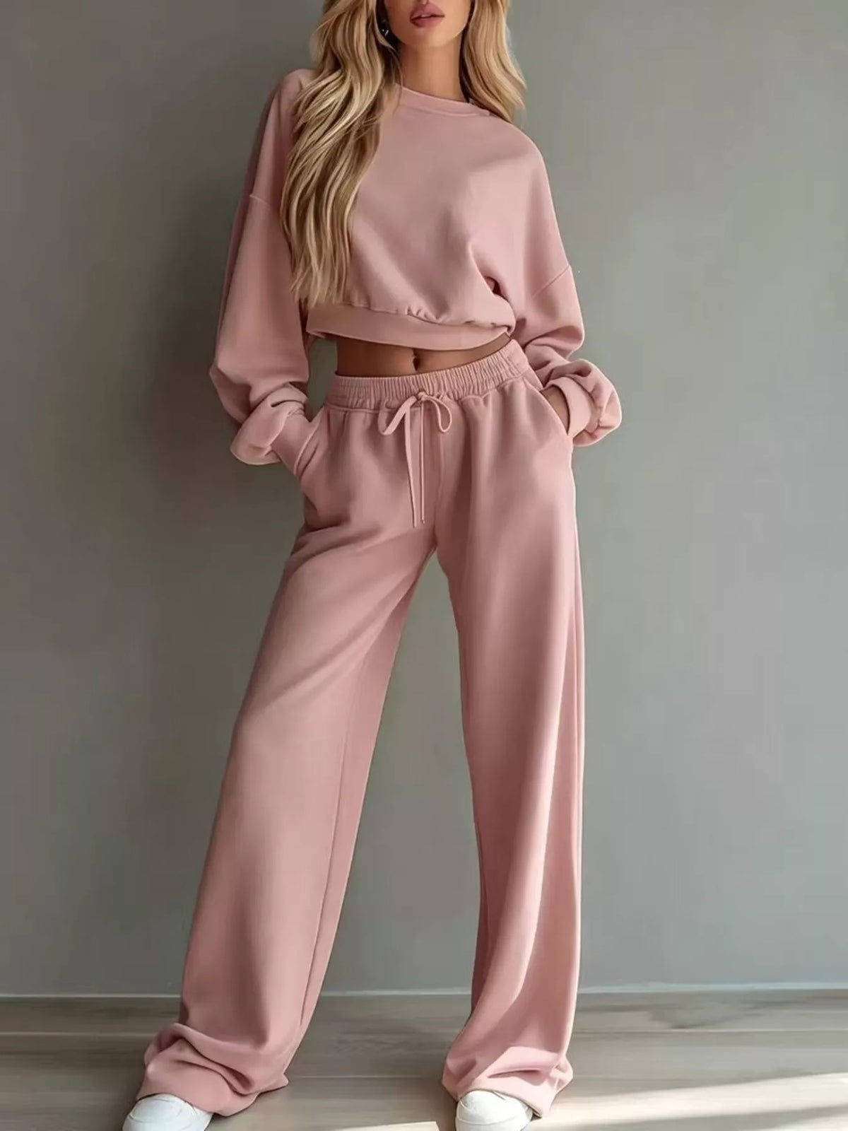 Round Neck Cropped Sweatshirt Wide-leg Pants Set (9)