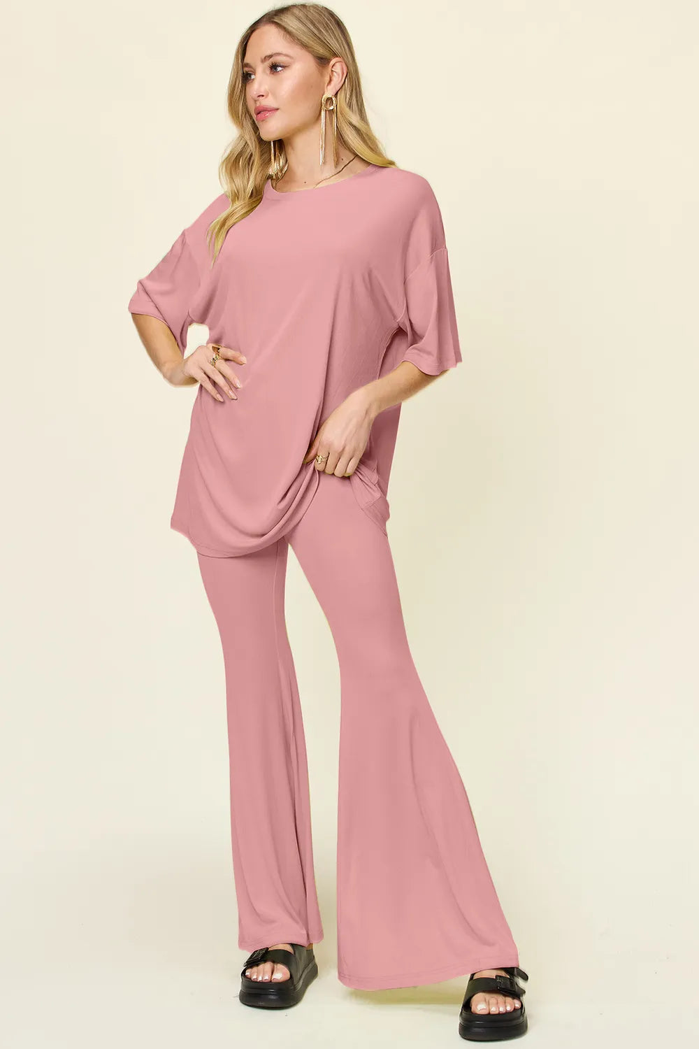Full Size Round Neck Drop Shoulder T-shirt Flare Pants Set (14)