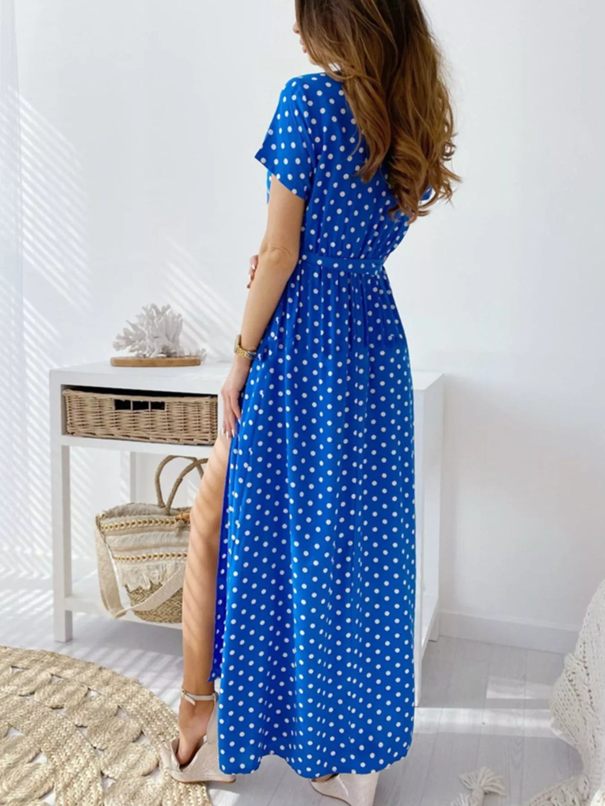 Polka Dot Surplice Maxi Dress Slit (3)