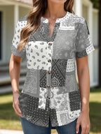 Printed Notched Short Sleeve Blouse (5)
