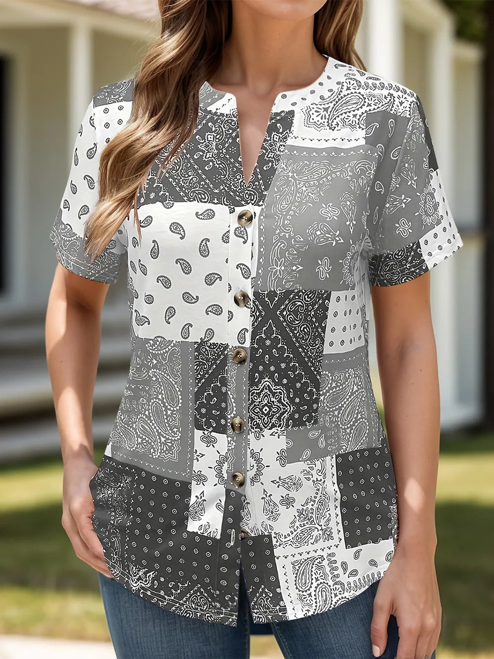 Printed Notched Short Sleeve Blouse (5)