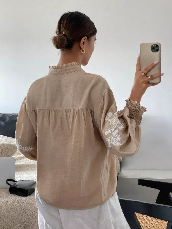 Embroidered Notched Long Sleeve Blouse (26)