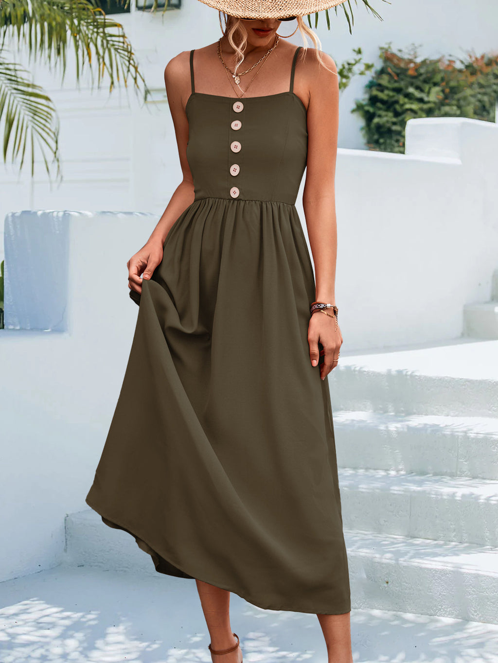 Decorative Button Spaghetti Strap Midi Dress (11)