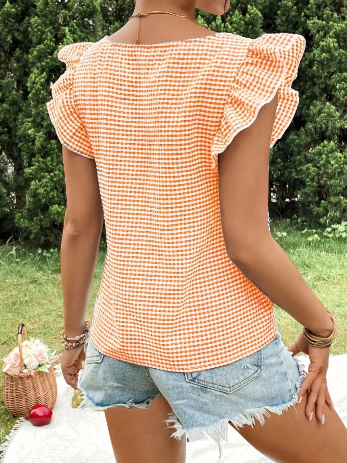 Gingham Ruffle Sleeve Square Neck Blouse (12)