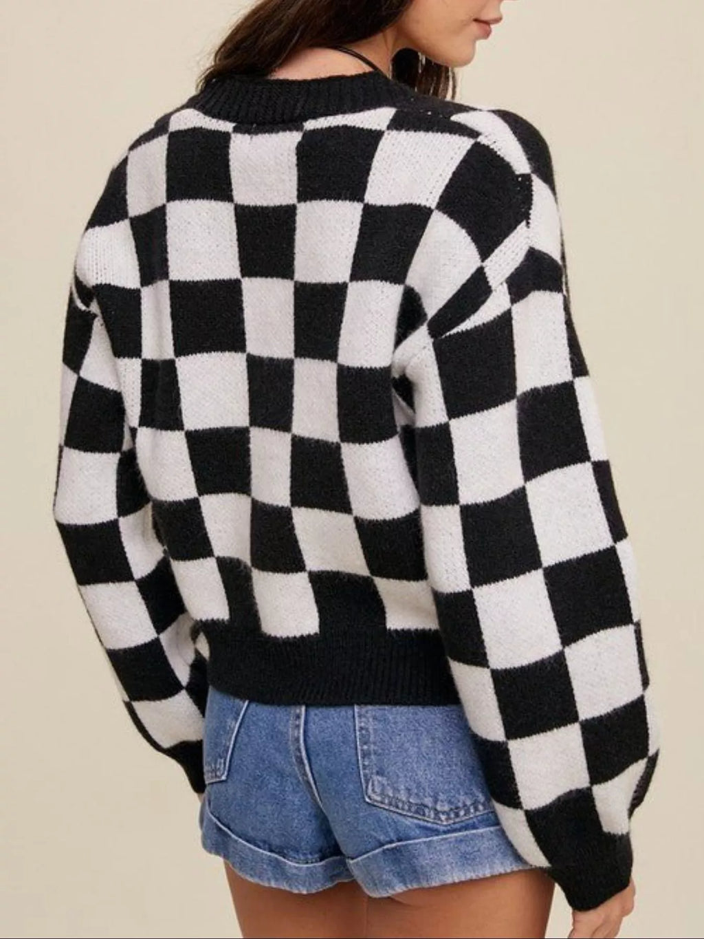 Checkerboard Pattern Button-down Cardigan (2)