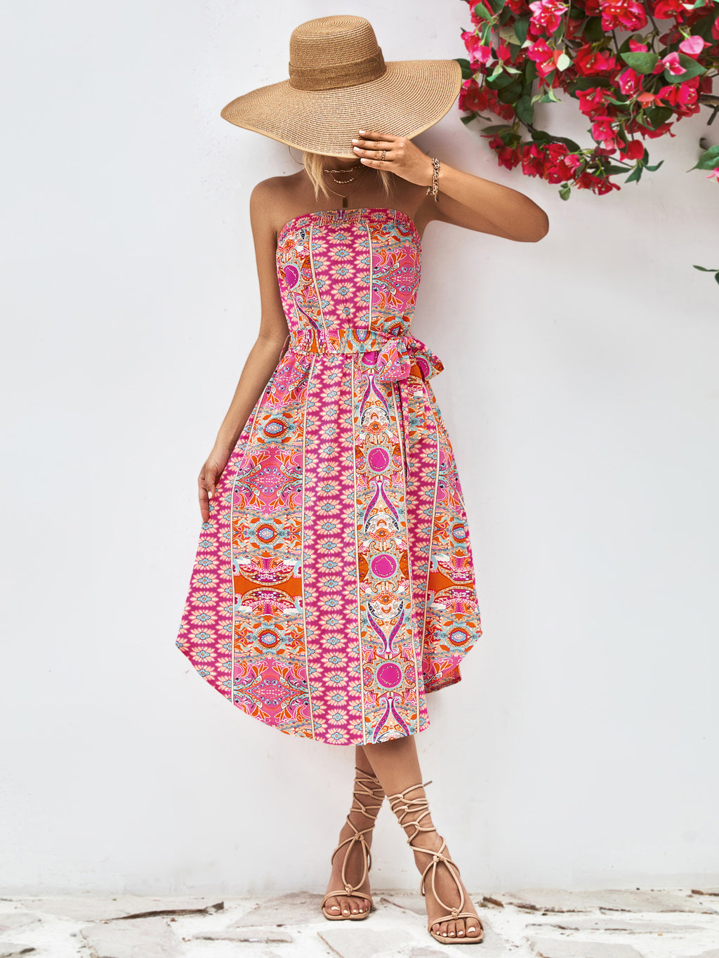 Printed Strapless Tie Belt Dress (3)