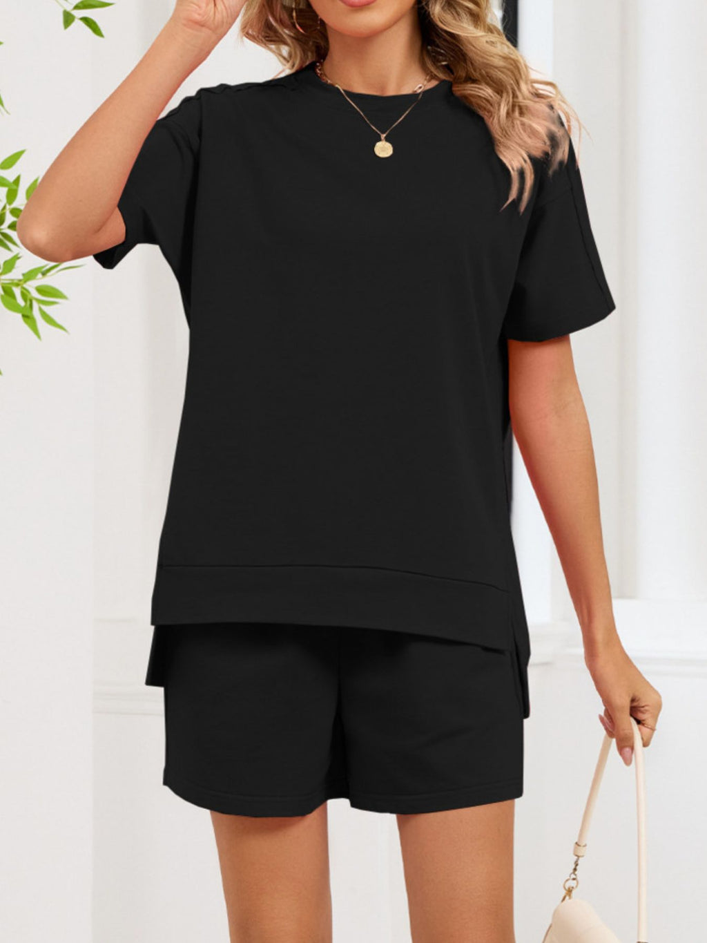 Round Neck Short Sleeve T-shirt Shorts Set (9)