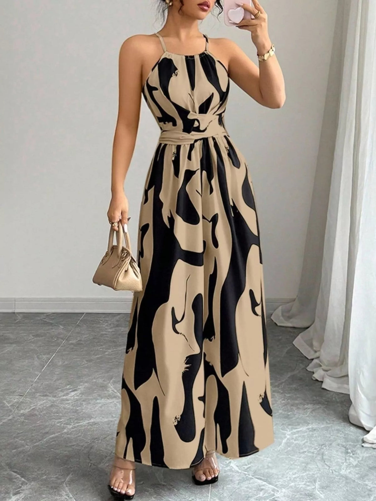 Abstract Print Halter Neck Maxi Dress (2)
