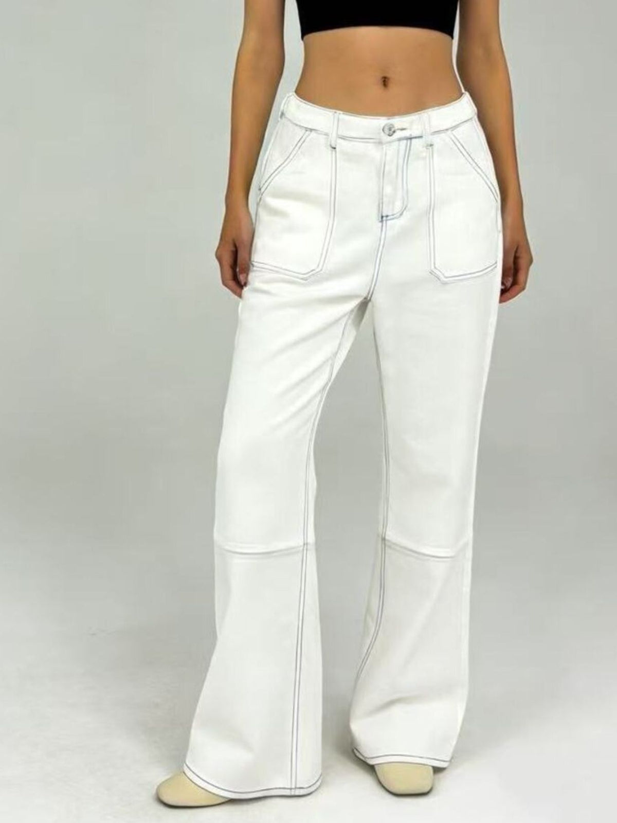 Wide Leg Contrast Stitching Jeans (2)