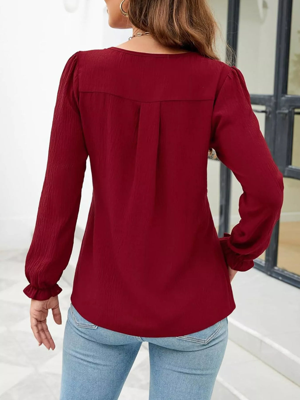 Notched Ruffle Cuff Blouse (4)