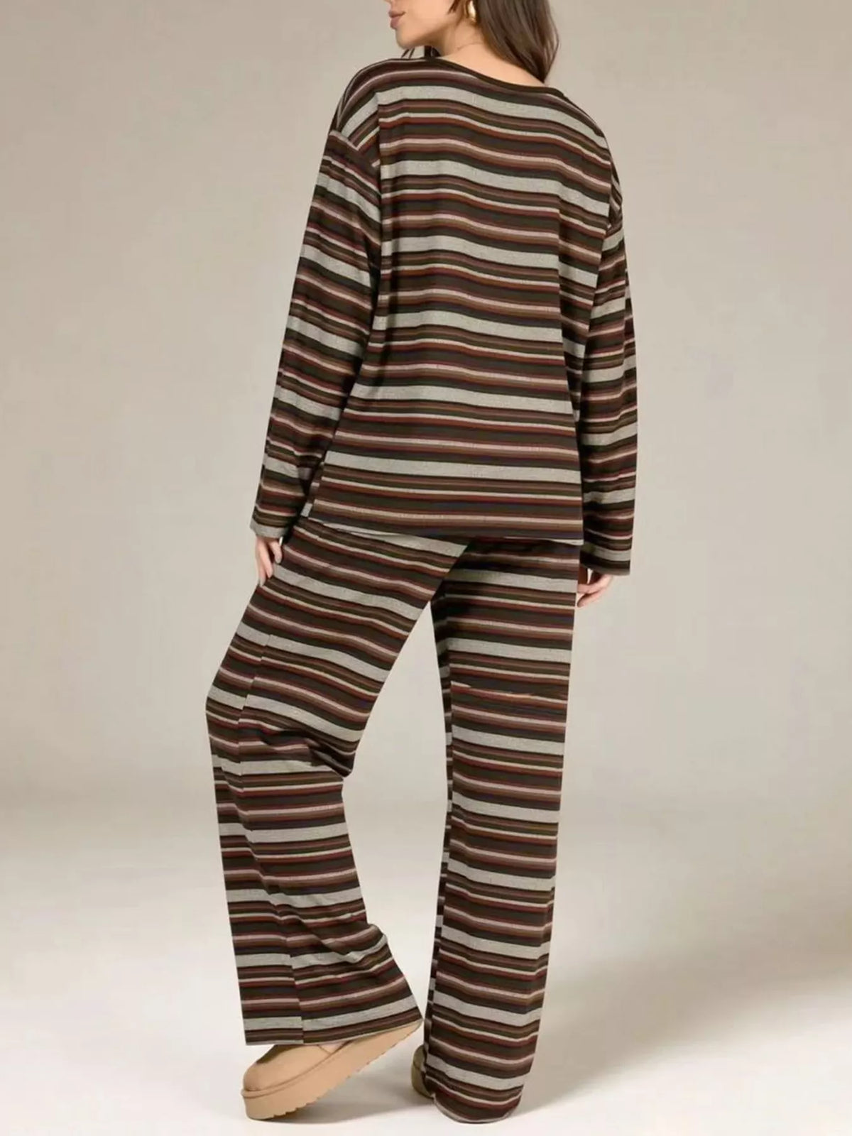 Striped Long-sleeve Top Wide-leg Pants Set (3)